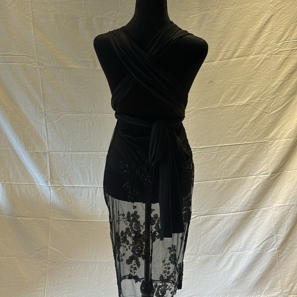NWOT Sexy Black Dress Floral Printed Mesh Patchwork Bodycon Dress - Picture 6 of 14